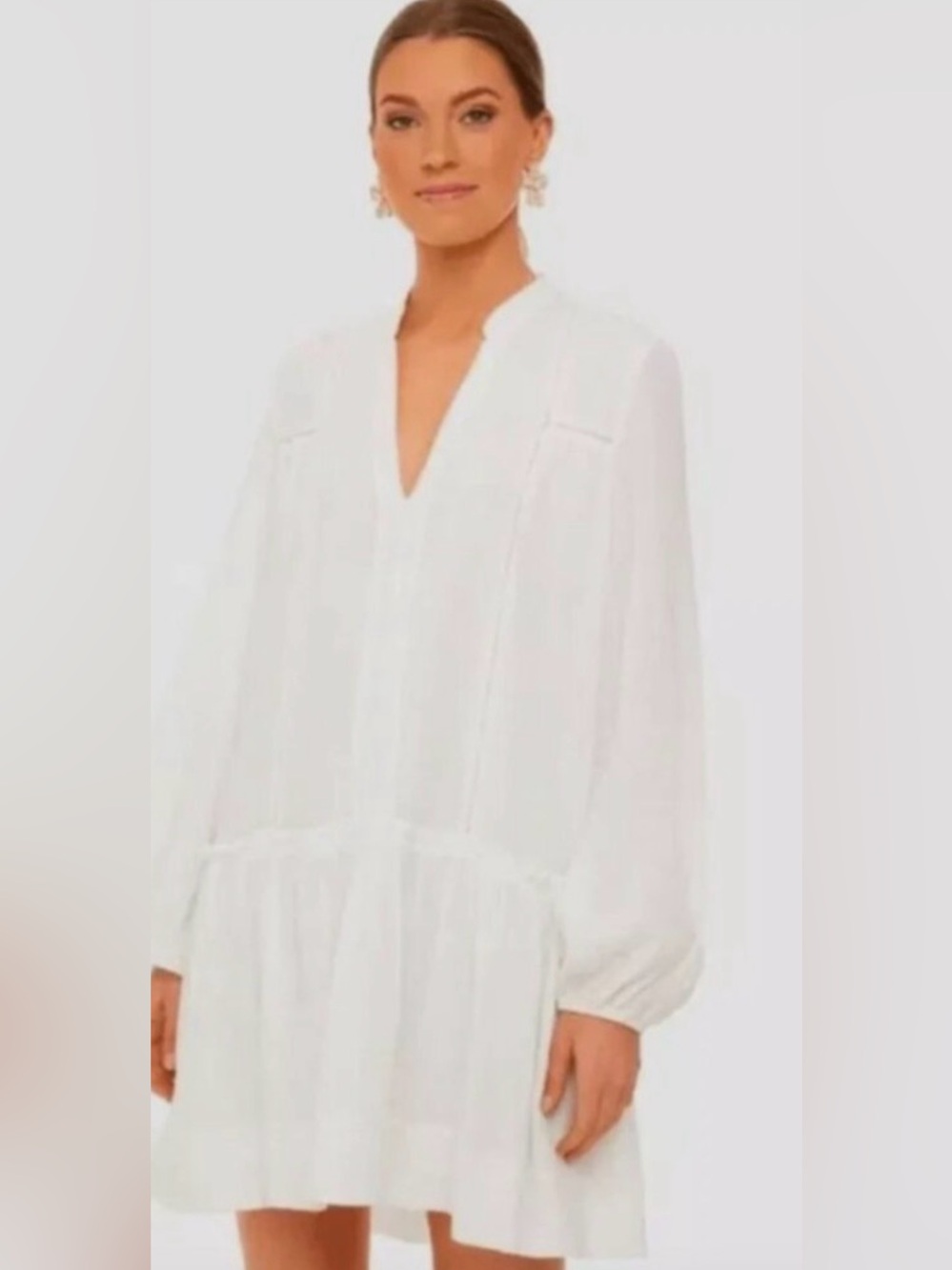Pomander Place NEW White Gauze Beaded Long Puff Sleeve V-Neck Mini Dress Size S